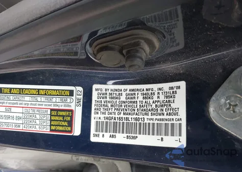 2008 Honda Civic Lx из США, поврежденный, VIN 1HGFA16518L116013